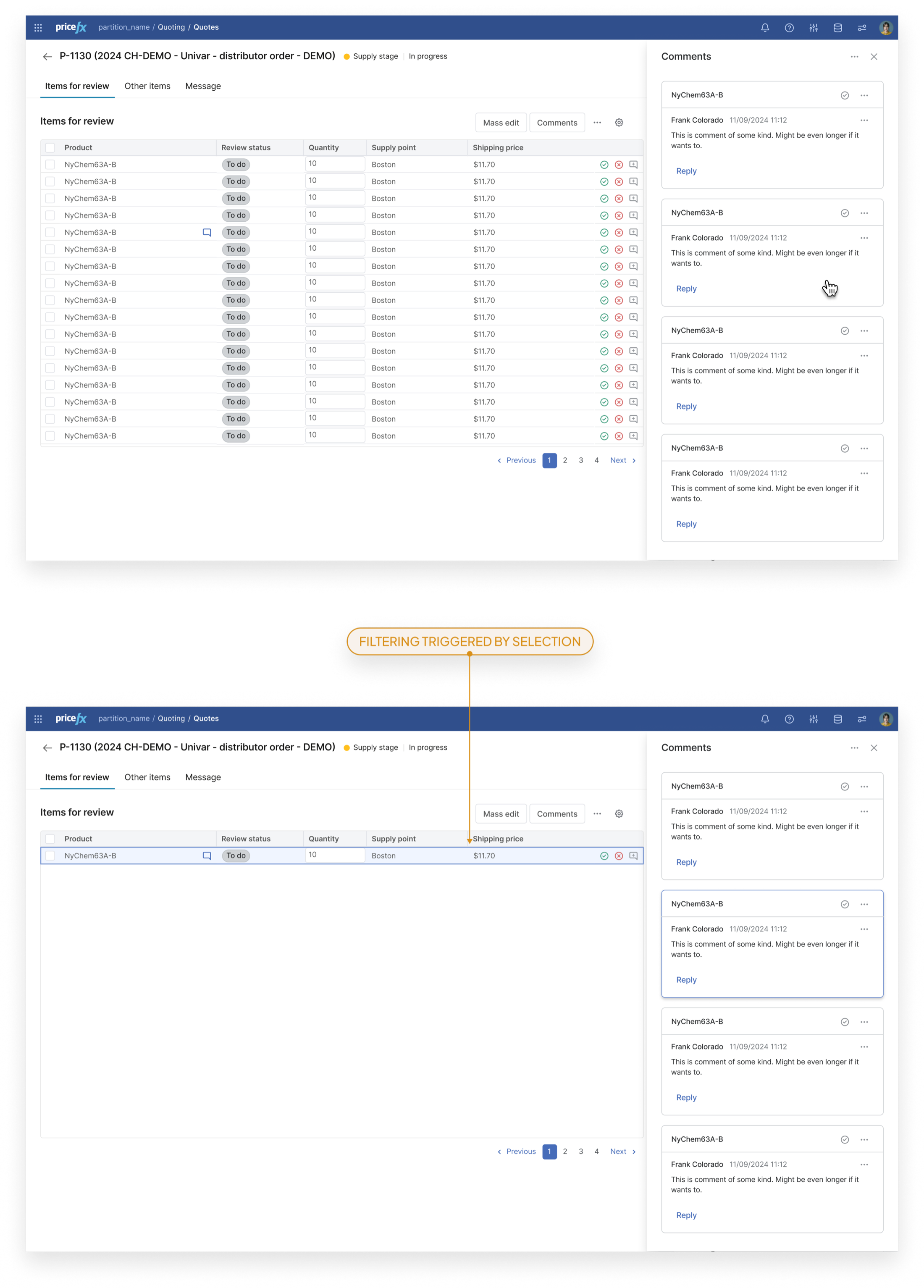 Filtering products with comment